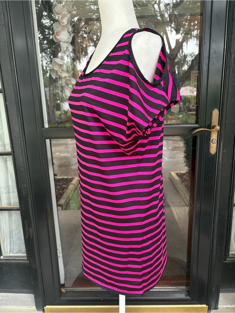 Michael Kors Open Shoulder Striped Shift Dress